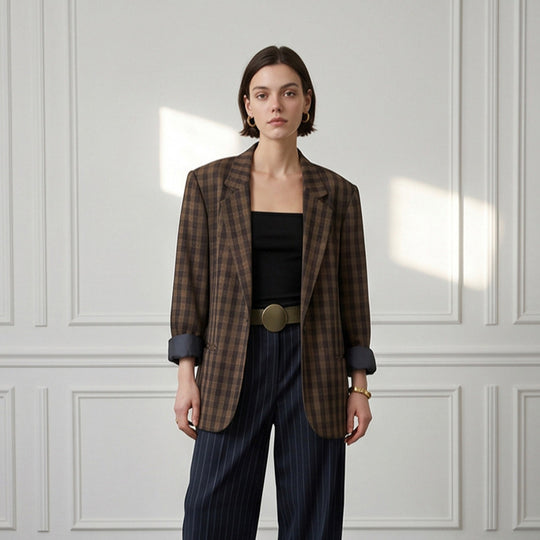 Damen Oversize-Karoblazer mit kastiger Silhouette und überschnittenen Schultern Nord Taschen