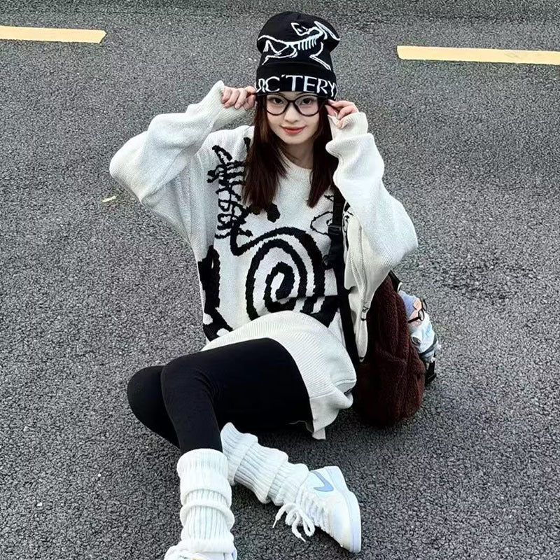 Damen Lässiger Grobstrickpullover mit einzigartigem Kunstmotiv Nord Taschen