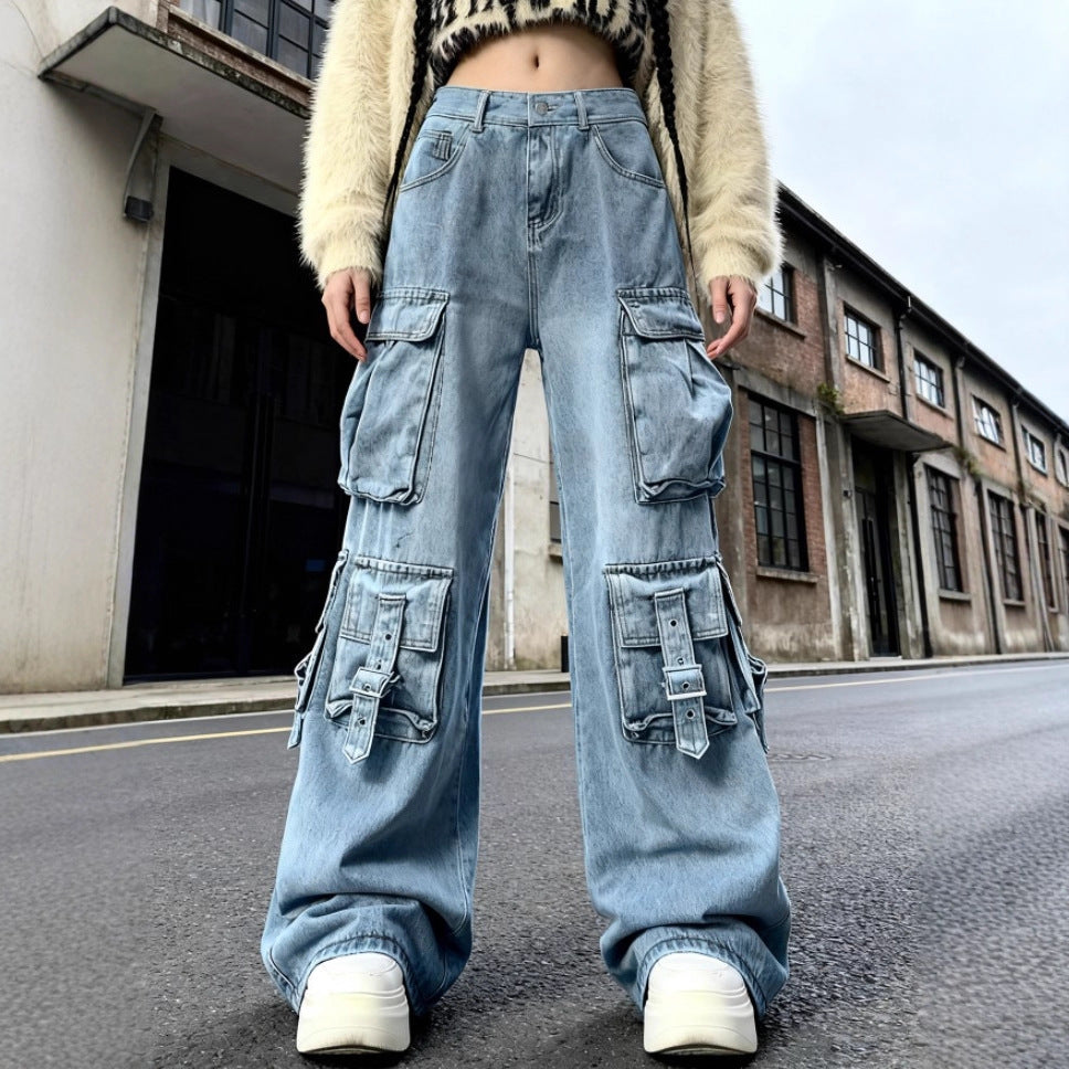 Damen Weite Cargo-Jeanshose mit mehreren aufgesetzten Taschen und Utility-Details Nord Taschen