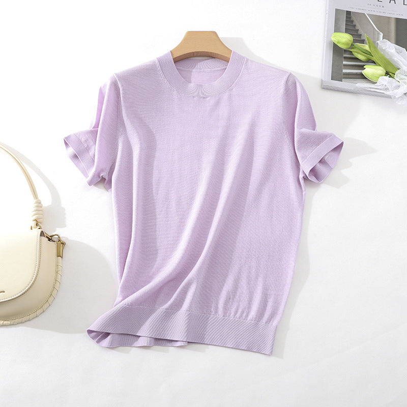 Damen Leichtes Kurzarm-Stricktop aus feinem Jersey mit Rundhals und Saumblende Nord Taschen