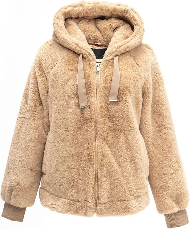 Damen Kapuzen‑Teddyjacke aus weichem Faux‑Fur mit Reißverschluss und Rippbündchen Nord Taschen