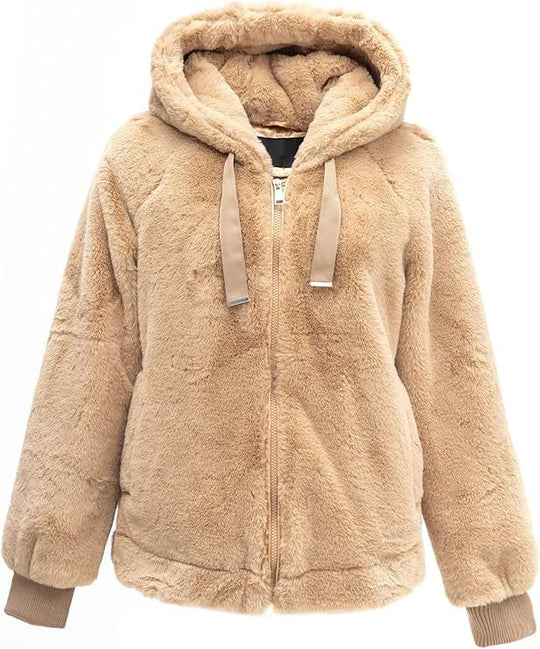 Damen Kapuzen‑Teddyjacke aus weichem Faux‑Fur mit Reißverschluss und Rippbündchen Nord Taschen