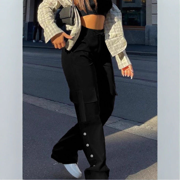 Damen High-Waist Cargo-Hose mit weitem Bein, Tunnelzug und seitlichen Druckknopf-Details Nord Taschen