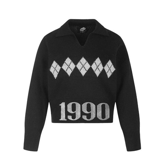 Damen Cropped Strickpullover mit Polokragen, Rippbund und Argyle‑Motiv Nord Taschen