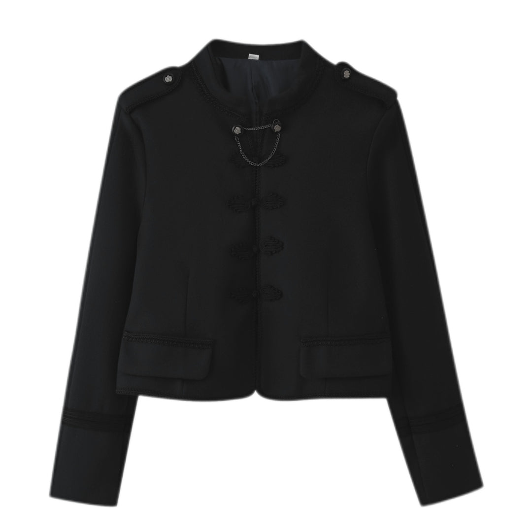 Damen Kurzjacke im Bouclé‑Look mit Mandarin‑Kragen, Kordelfroschverschluss und Zier‑Schulterklappen Nord Taschen
