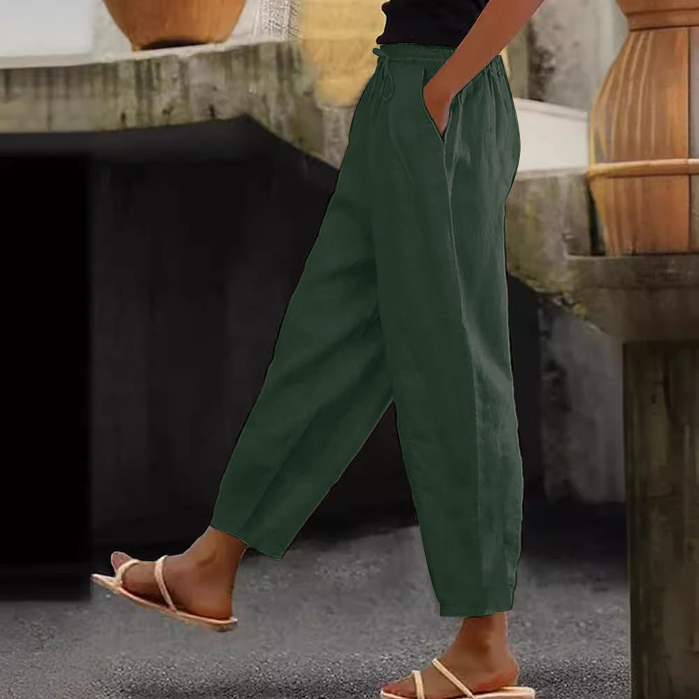 Damen Leinen-Mischung Cropped-Hose mit elastischem Bund, Kordelzug und Seitentaschen Nord Taschen