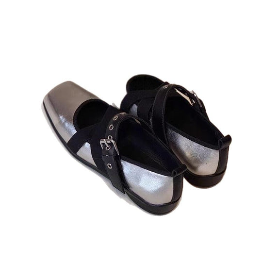 Damen Mary-Jane-Slipper mit quadratischer Zehenpartie, gekreuzten Elastikriemen und Ziergurt Nord Taschen