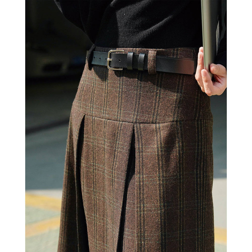 Damen Weite Karierte Culotte‑Hose mit hoher Taille, Bundfalten und fließender Wolloptik Nord Taschen