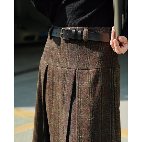 Damen Weite Karierte Culotte‑Hose mit hoher Taille, Bundfalten und fließender Wolloptik Nord Taschen