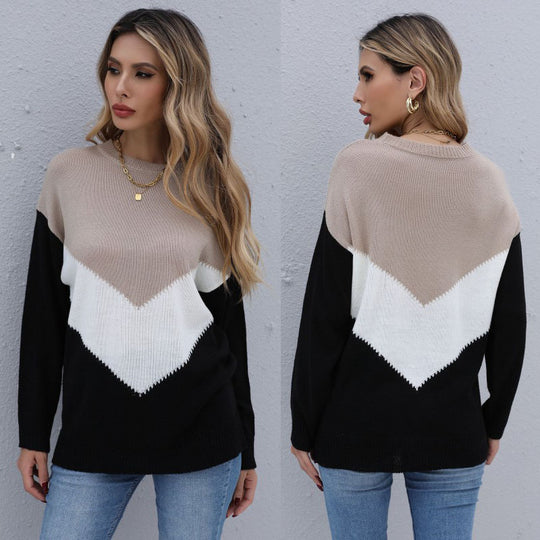 Damen Oversize-Feinstrickpullover mit Chevron-Colorblock und Rundhalsausschnitt Nord Taschen