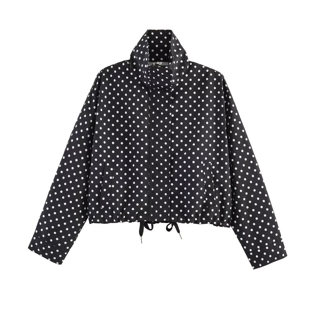 Damen Gepunktete Kurzjacke mit Stehkragen, verdeckter Frontleiste und Kordelzug Nord Taschen