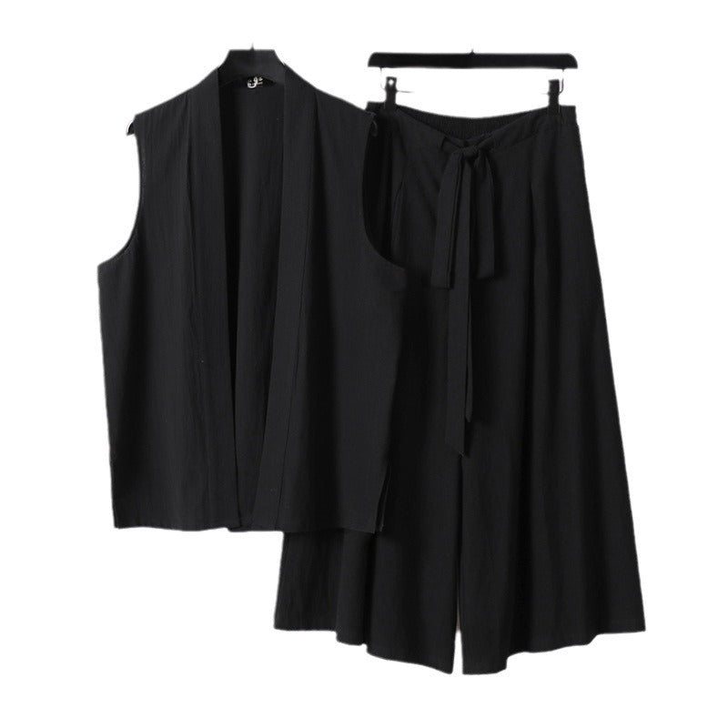 Damen Ärmellose Kimono-Weste und Hochtaillierte Culotte-Hose mit Bindegürtel Nord Taschen