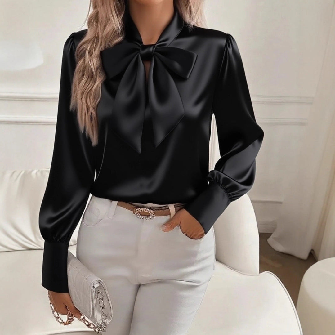 Damen elegante Satinbluse mit Schleifenkragen und Puffärmeln Nord Taschen