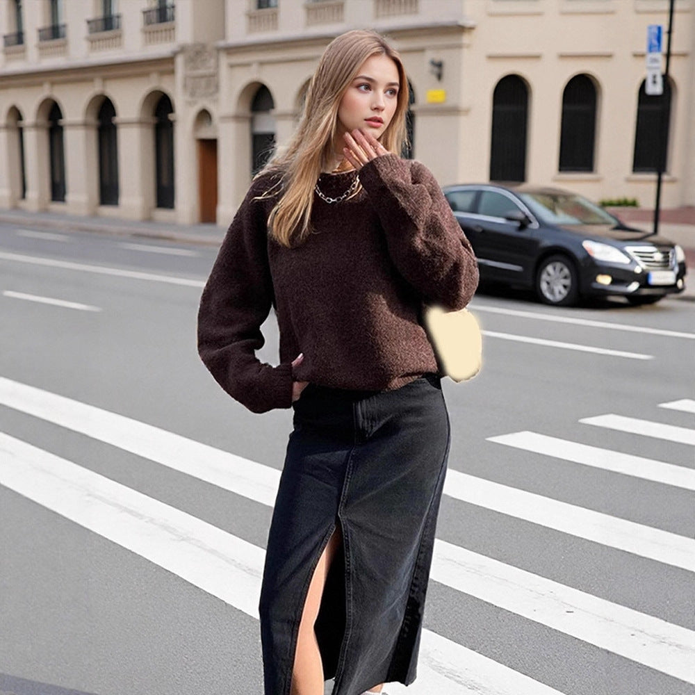 Damen Denim-Midirock mit hoher Taille, Frontschlitz und geradem Schnitt Nord Taschen