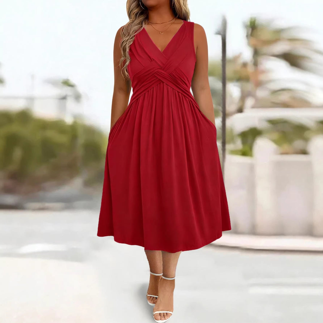 Damen Sommerkleid mit tiefem V-Ausschnitt und Seitentaschen