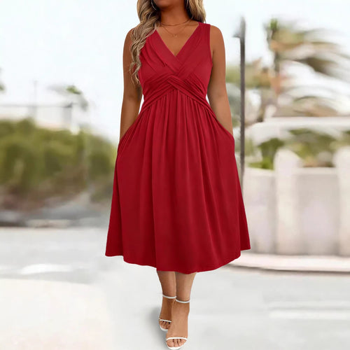 Damen Sommerkleid mit tiefem V-Ausschnitt und Seitentaschen