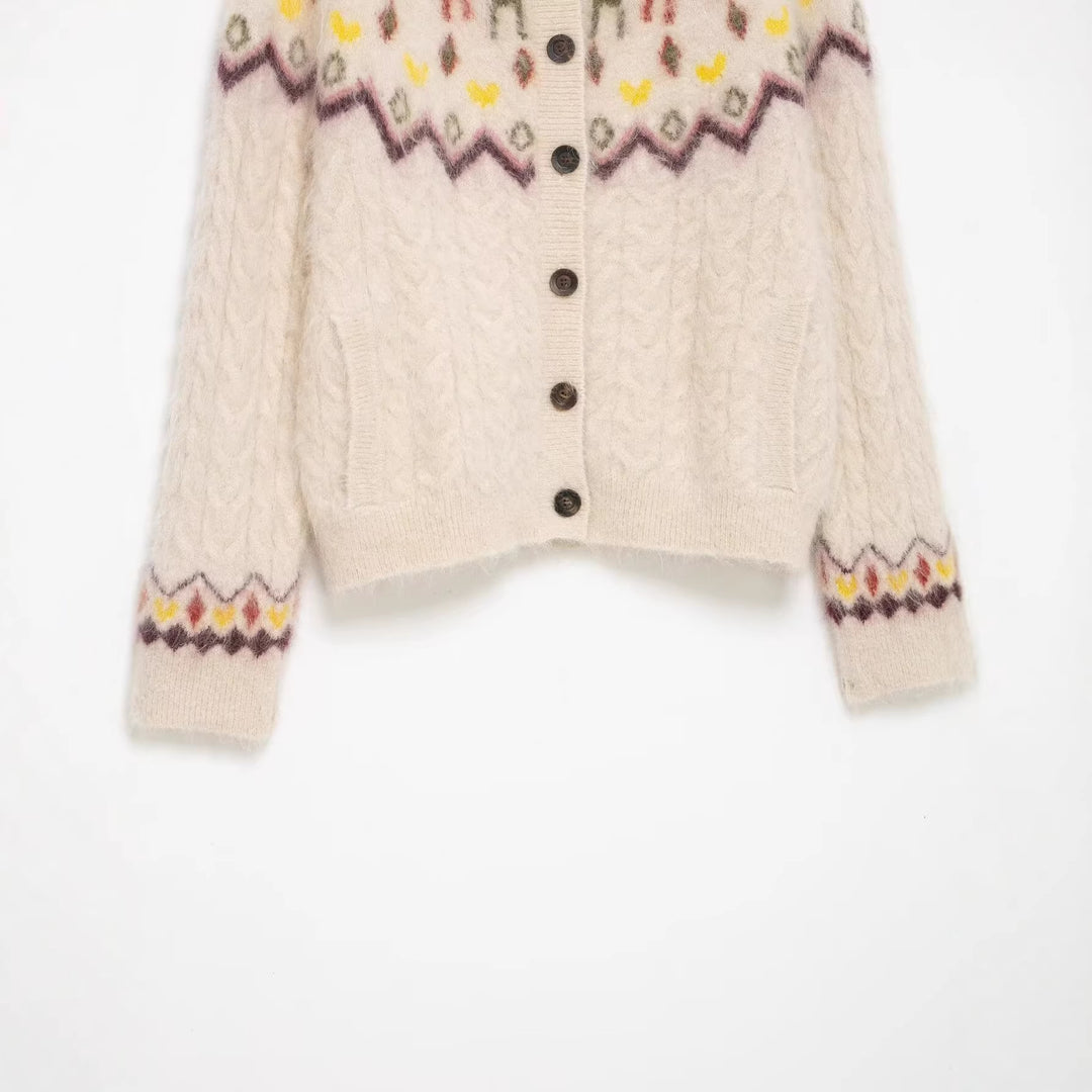 Damen 10+ gemusterte Mohair‑Cardigan mit Norweger‑Motiv, Zopfmuster und Knopfleiste Nord Taschen