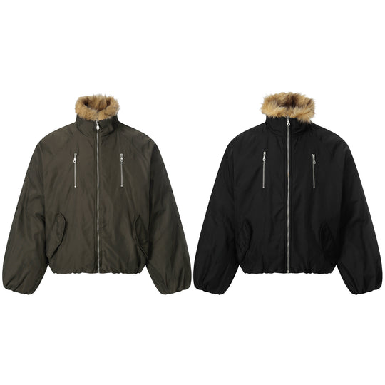 Herren Kurz geschnittener Boxy-Pufferjacke mit Kunstfellkapuze und vertikalen Reißverschlusstaschen Nord Taschen