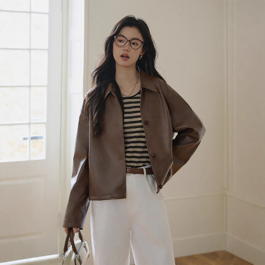 Damen Boxy-Lederoptik-Jacke mit Hemdkragen und Knopfleiste Nord Taschen