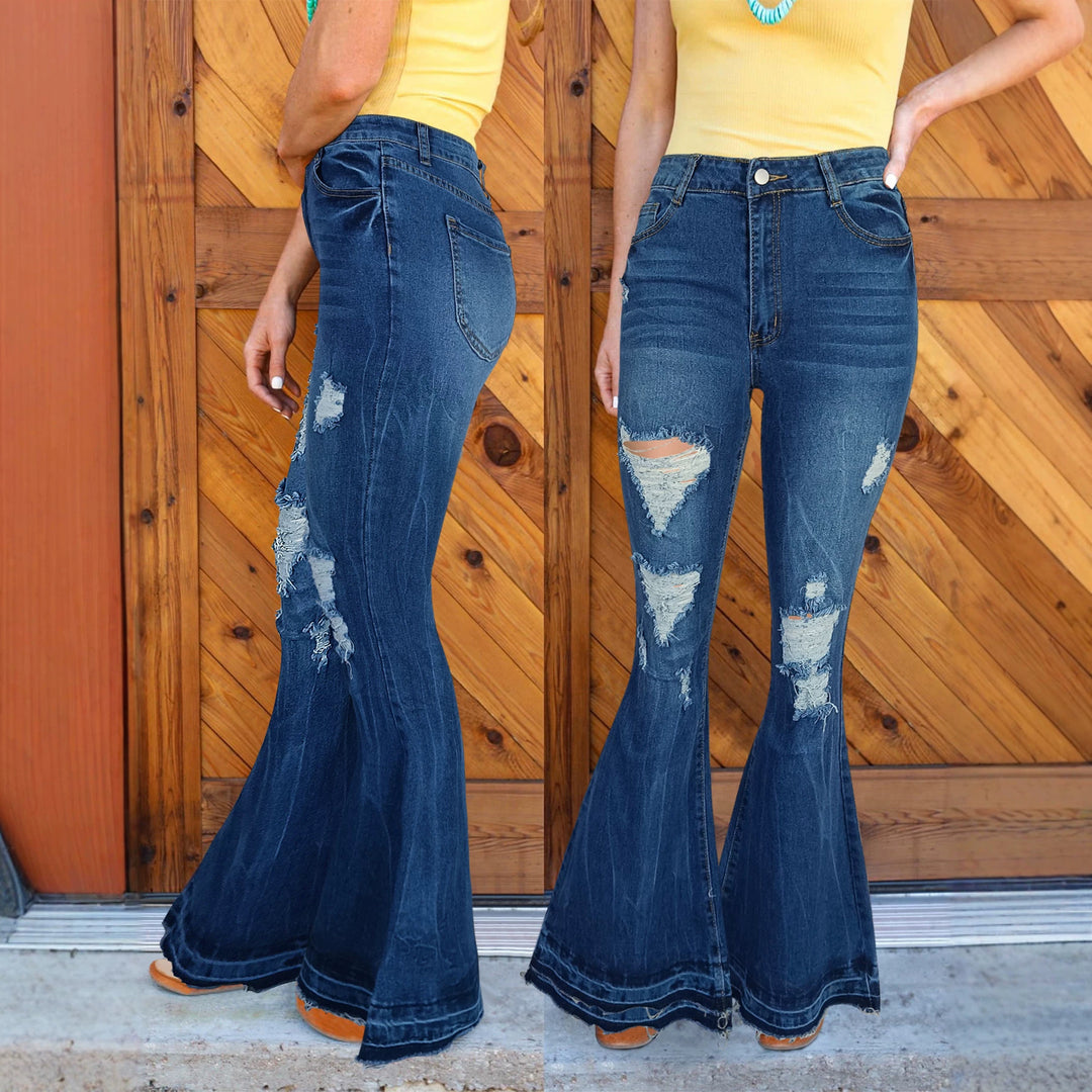 Damen hochtaillierte Destroyed-Flared-Jeans mit sculptendem Komfortbund Nord Taschen