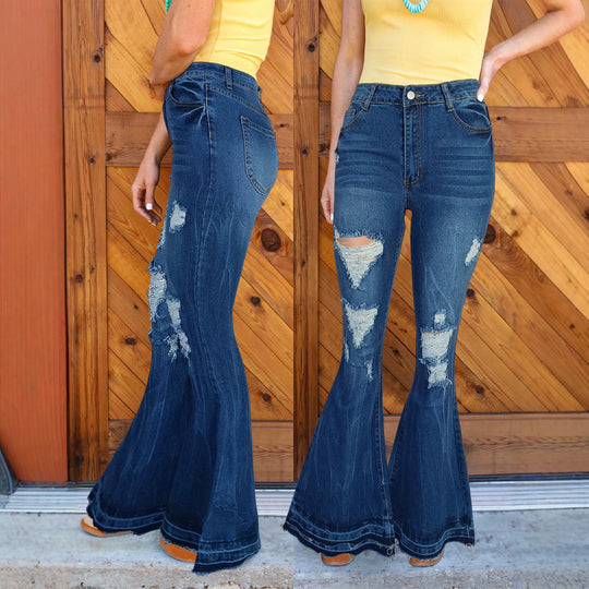 Damen hochtaillierte Destroyed-Flared-Jeans mit sculptendem Komfortbund Nord Taschen