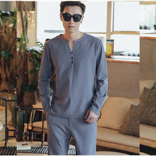 Herren Langärmeliges Henley-Hemd mit Stehkragen, Kurzknopfleiste und Relaxed Fit Nord Taschen