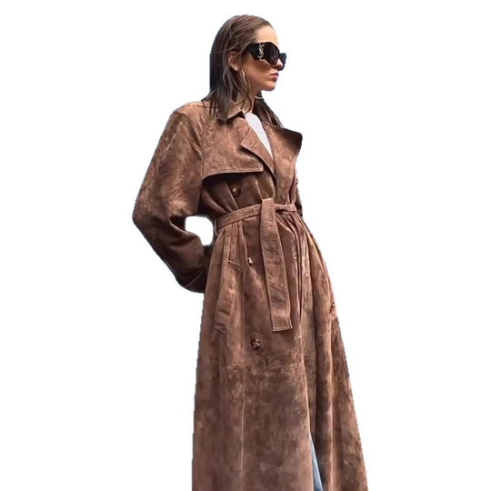 Damen langer Wildleder-Trenchcoat doppelt geknöpft mit Taillengürtel Nord Taschen