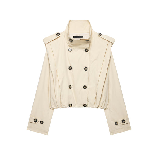Damen Kurzer Doppelreihiger Trenchblouson mit Stehkragen, Epauletten und elastischem Saum Nord Taschen