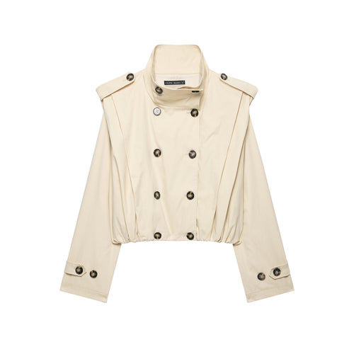 Damen Kurzer Doppelreihiger Trenchblouson mit Stehkragen, Epauletten und elastischem Saum Nord Taschen