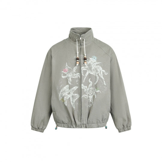 Damen Leichte Bomberjacke aus Baumwollmix mit Stehkragen, Perlenkordel und mystischem Print Nord Taschen