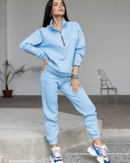 Damen Zweiteiliges Sweat-Loungewear-Set mit Troyer-Reißverschluss und elastischer Jogginghose Nord Taschen