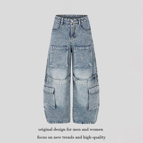 Damen Hochgeschnittene weite Cargo-Palazzo-Jeans mit großen aufgesetzten Taschen und Vintage-Waschung Nord Taschen