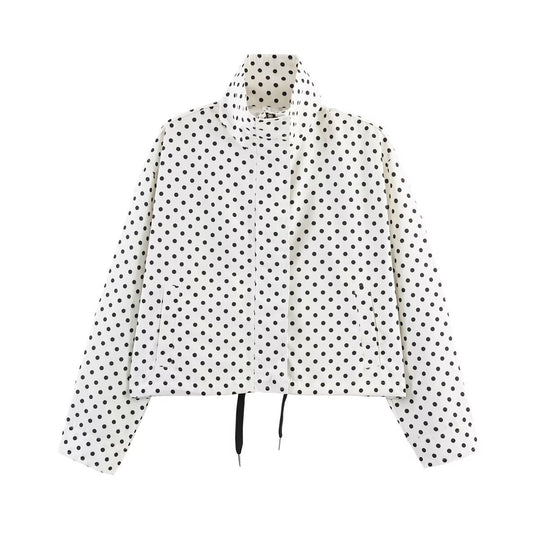 Damen Gepunktete Kurzjacke mit Stehkragen, verdeckter Frontleiste und Kordelzug Nord Taschen