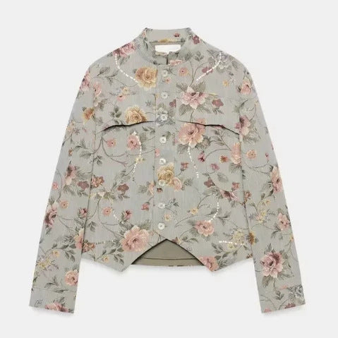 Damen Cropped gesteppte Blousonjacke mit botanischem Blumenprint und Mandarin‑Stehkragen Nord Taschen