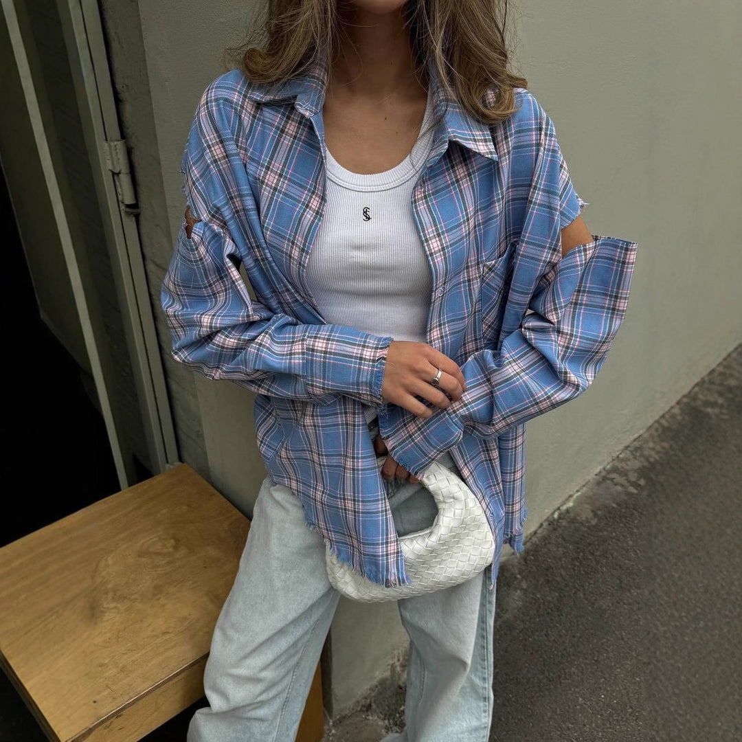 Damen karierte Oversize-Hemdjacke mit Cut-Out-Ärmeln und rohem Saum Nord Taschen
