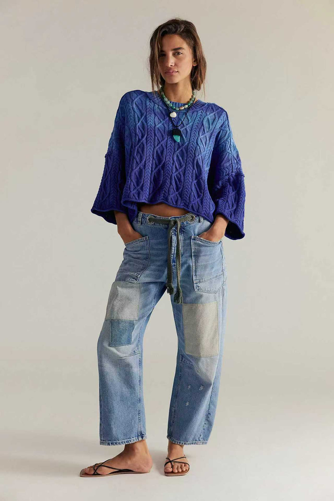 Damen hochgeschnittene Jeans im weiten Schnitt mit aufgesetzten Taschen und Kordelzug Nord Taschen