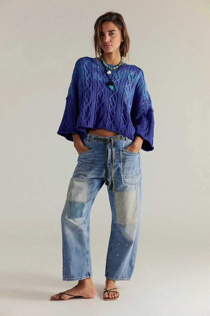 Damen hochgeschnittene Jeans im weiten Schnitt mit aufgesetzten Taschen und Kordelzug Nord Taschen