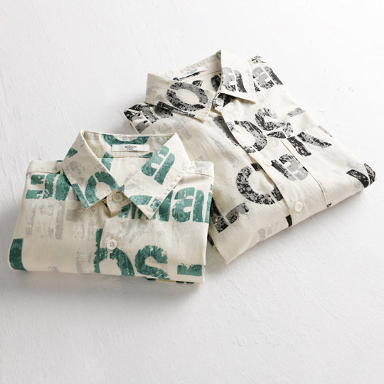 Herren Bedrucktes Leichtes Langarm-Hemd im Relaxed-Fit mit Typo-Print und Brusttasche Nord Taschen