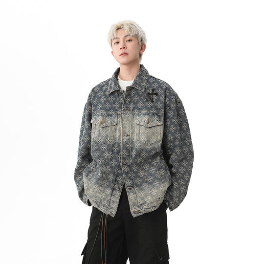 Herren Oversized Denim‑Hemdjacke mit grafischem Patchmuster und Brusttaschen Nord Taschen