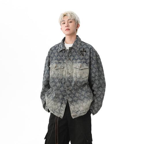 Herren Oversized Denim‑Hemdjacke mit grafischem Patchmuster und Brusttaschen Nord Taschen