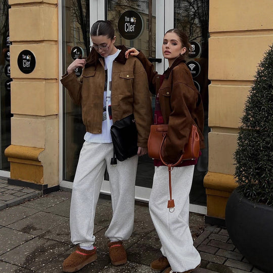 Damen Boxy-Suede-Blousonjacke mit Cordkragen und Teddyfutter Nord Taschen