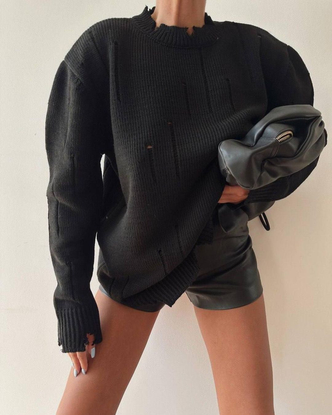Damen Oversized Grobstrickpullover mit Distressed-Details und geripptem Saum Nord Taschen