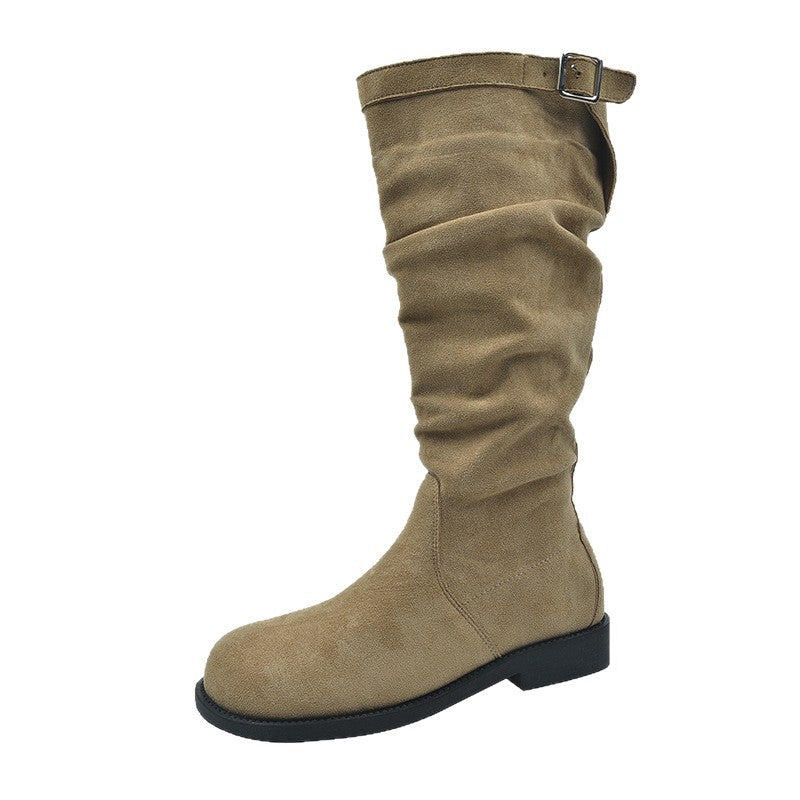Damen Schaftstiefel aus Veloursleder mit gerafftem Schaft und verstellbarer Schnallenlasche Nord Taschen