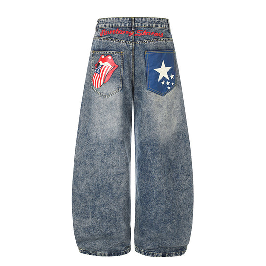 Damen High‑Waist Weite Palazzo-Jeans mit Statement-Patches und Retro-Embelishments Nord Taschen