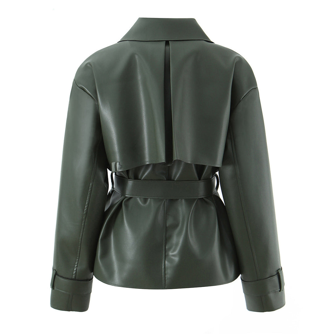 Damen Taillierter Kurzer Trenchcoat aus veganer Lederoptik mit Bindegürtel und Cape-Detail Nord Taschen