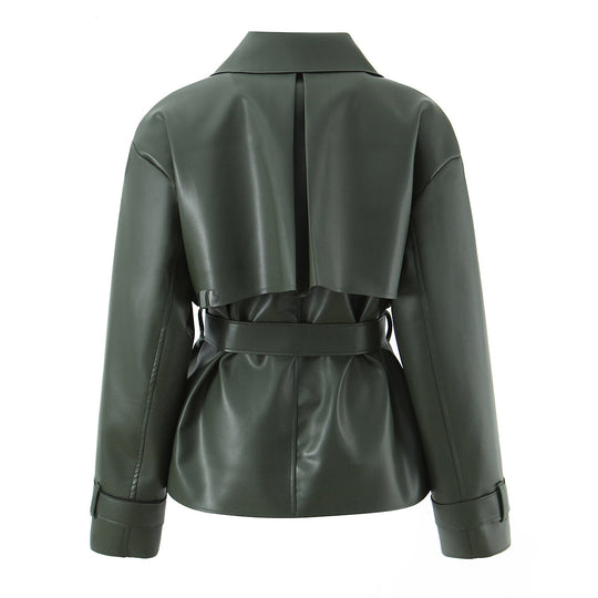 Damen Taillierter Kurzer Trenchcoat aus veganer Lederoptik mit Bindegürtel und Cape-Detail Nord Taschen