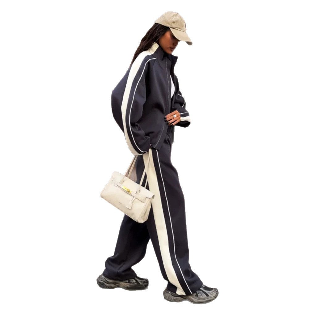 Damen Oversize-Trackset mit Reißverschlussjacke, weitem Jogger und Kontrastseitenstreifen Nord Taschen
