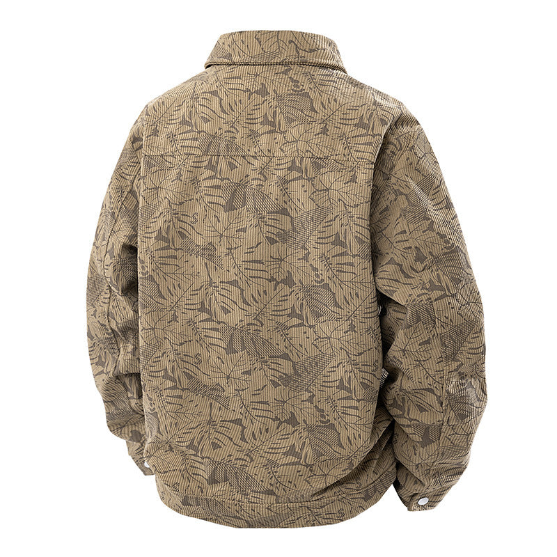 Herren Cord-Truckerjacke mit Jacquard-Blattmuster und Druckknopfleiste Nord Taschen