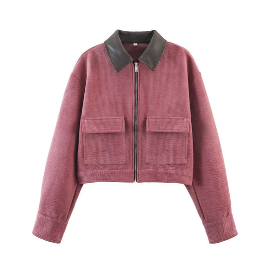 Damen Kurz geschnittene Cordjacke mit Kunstlederkragen, Frontreißverschluss und aufgesetzten Pattentaschen Nord Taschen