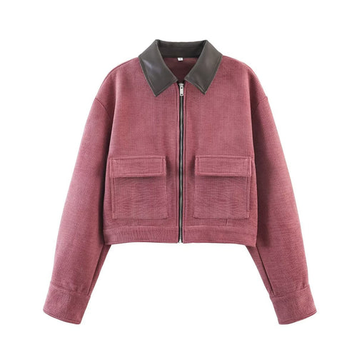 Damen Kurz geschnittene Cordjacke mit Kunstlederkragen, Frontreißverschluss und aufgesetzten Pattentaschen Nord Taschen